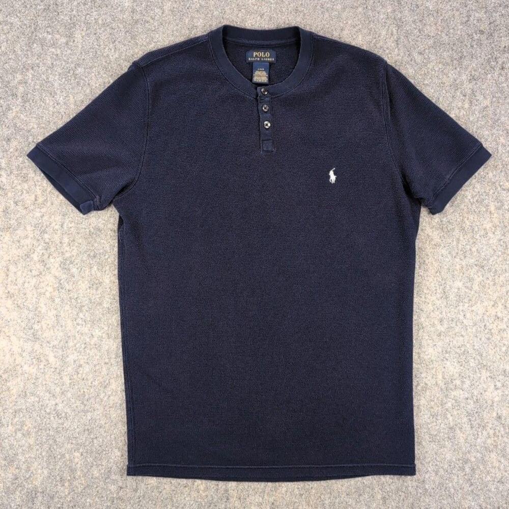 Polo Ralph Lauren Shirt Mens Large Blue Short Sleeve Henley Waffle Knit Pony Tee